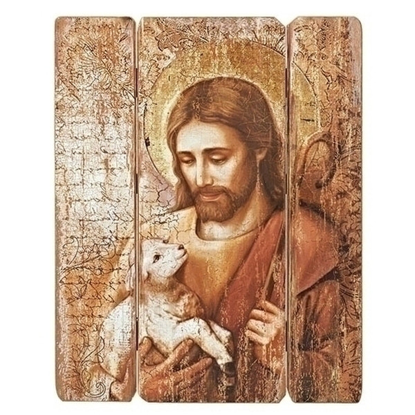 Jesus as the Good Shepherd decorative panel with distressed wall statue